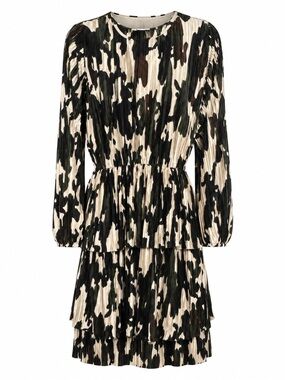 Zara Pleated Tiered Long-Sleeve Camouflage Print Dress